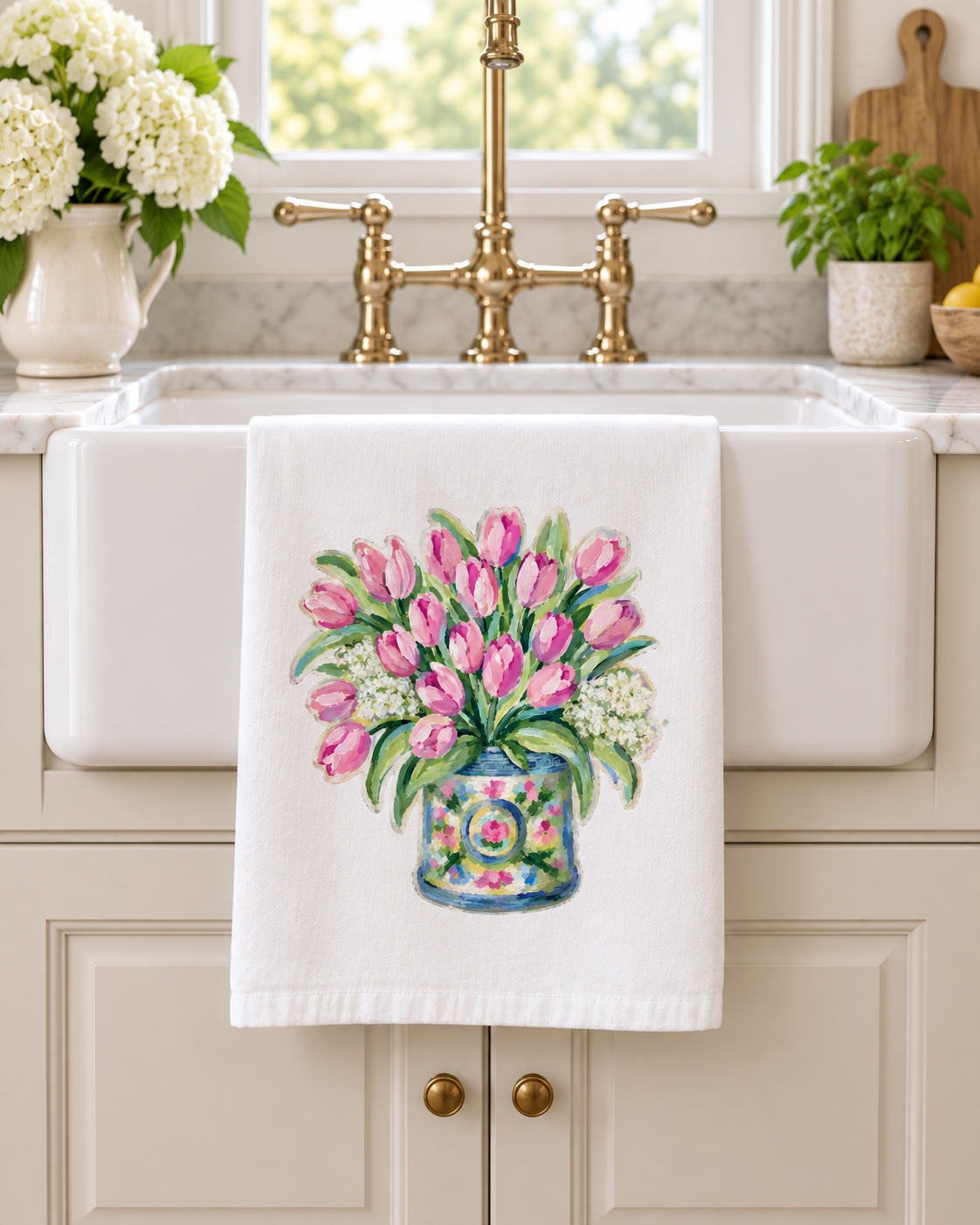 Pink Tulips Chinoiserie Tea Towel