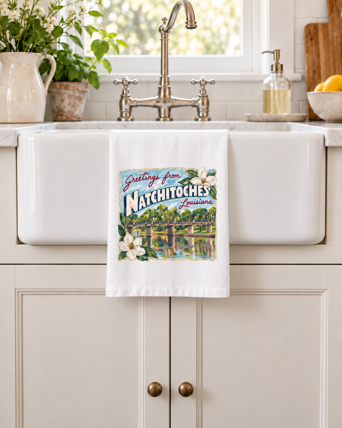 Greetings From Natchitoches Tea Towel