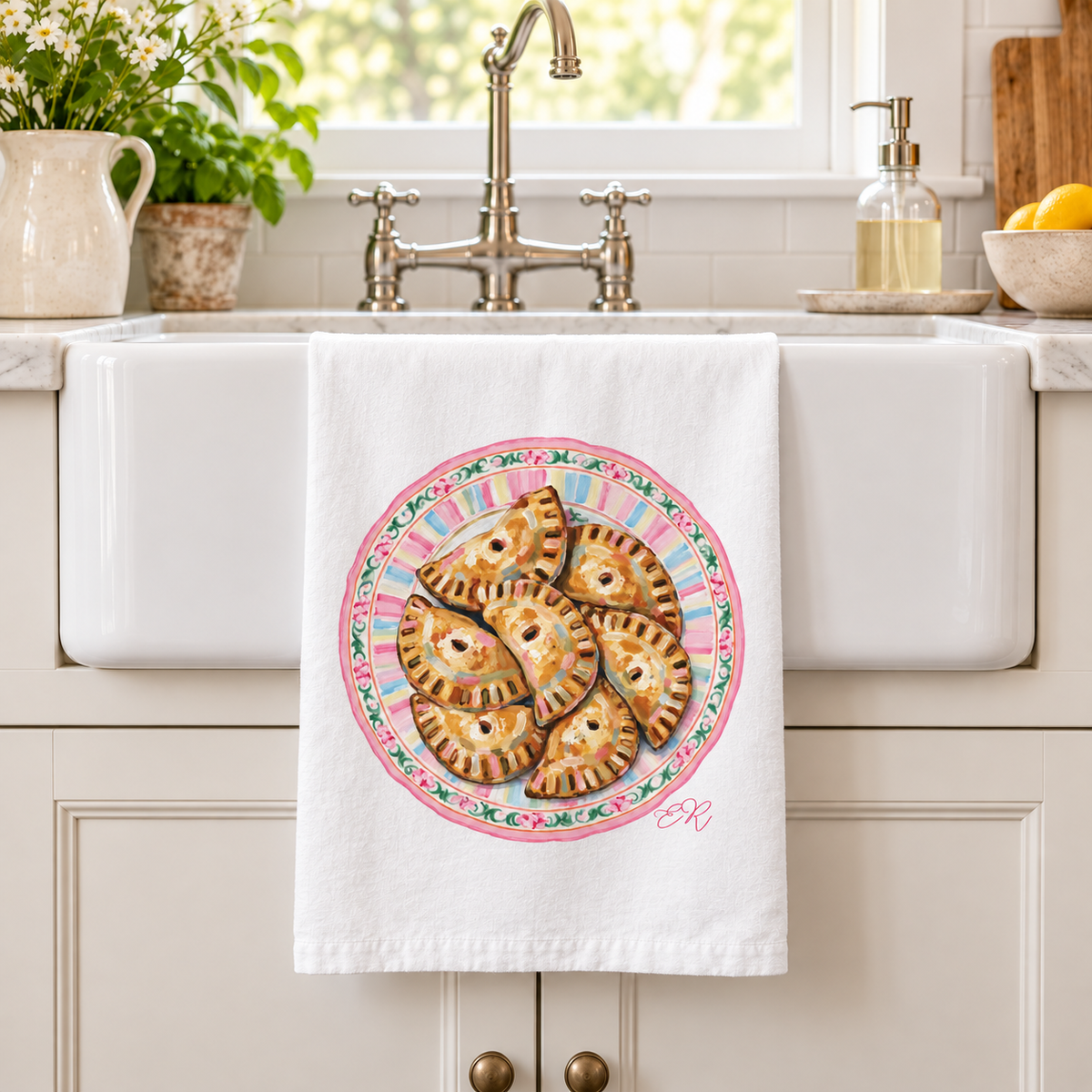 Antique Plate of Meat Pies Tea Towel