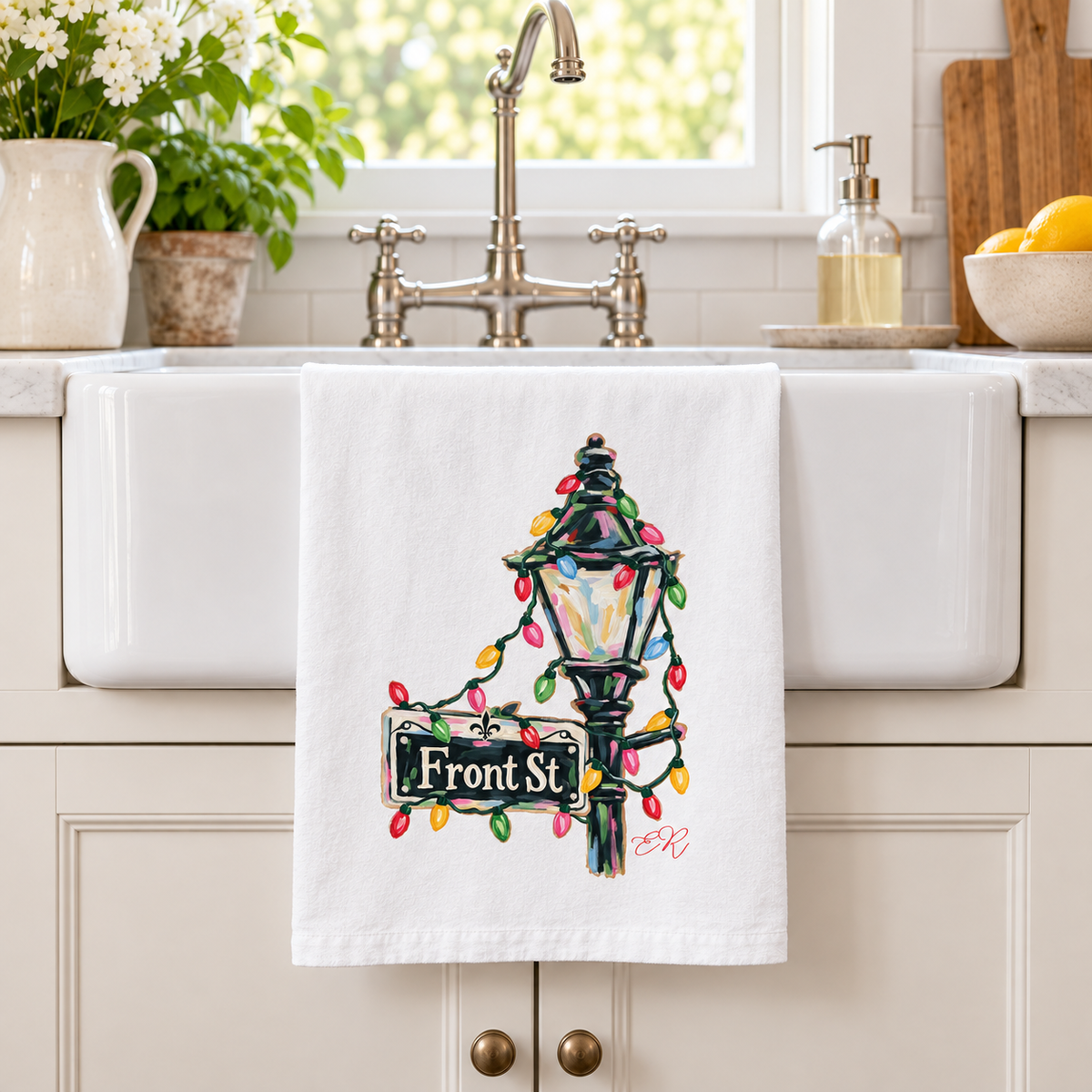 Christmas Lights Front St. Pole Tea Towel